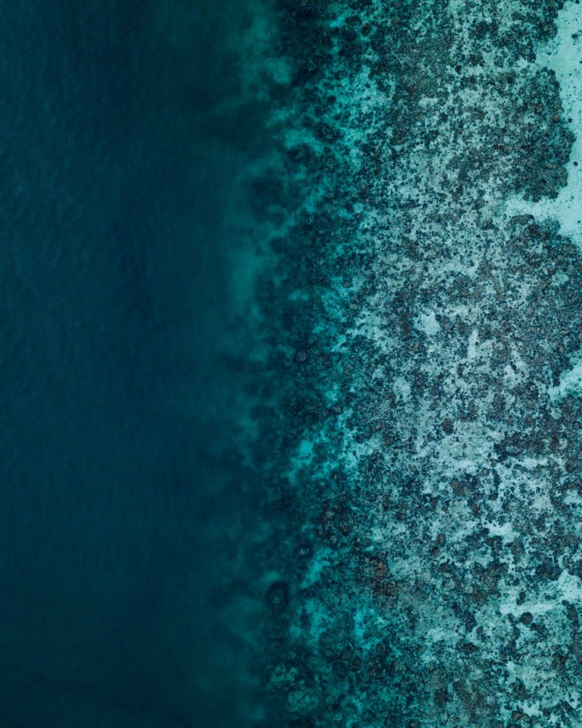an aerial shot of a rocky shore